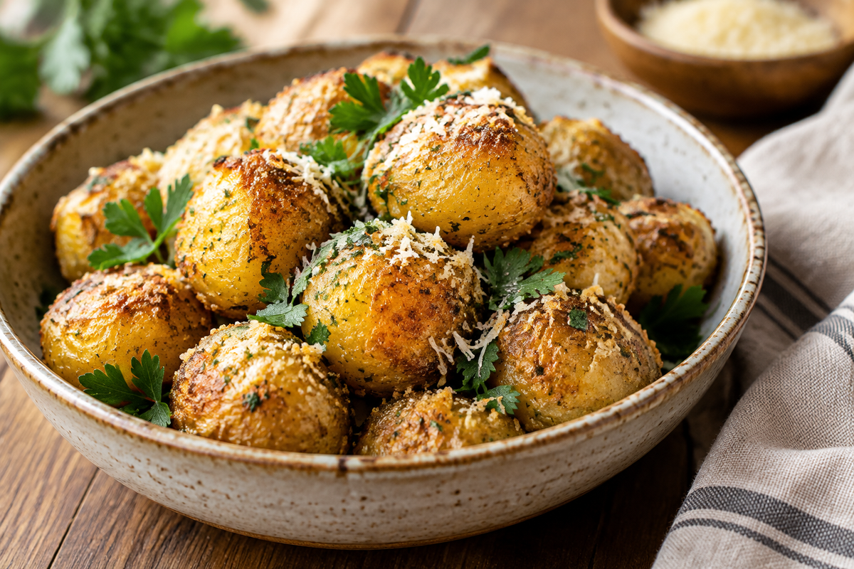 Cheesy crispy parmesan baby potatoes garnished with fresh parsley on rustic ceramic bowl