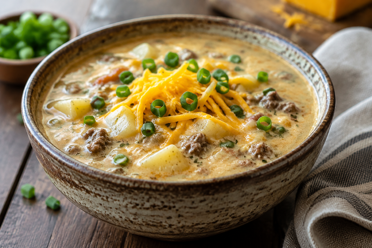 Cheesy crock pot soup with hamburger and potatoes garnished with cheddar and green onions
