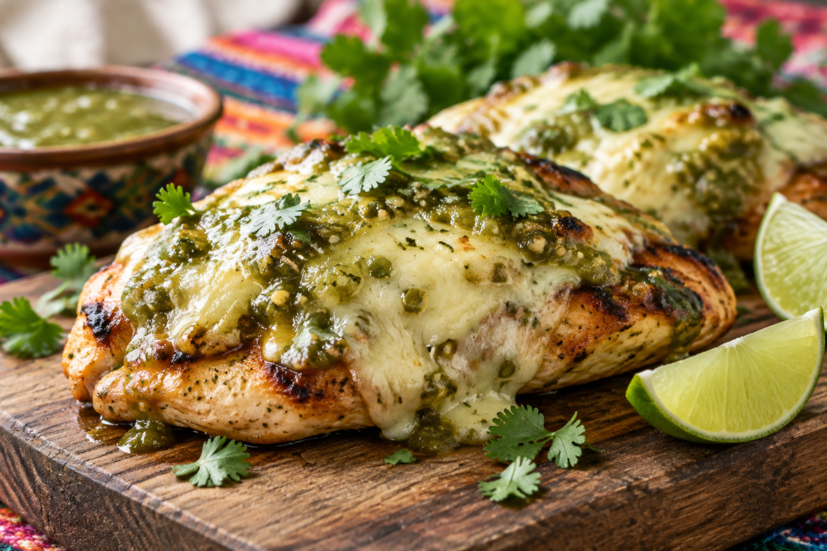 Cheesy grilled salsa verde pepper jack chicken with melted cheese and fresh cilantro garnish