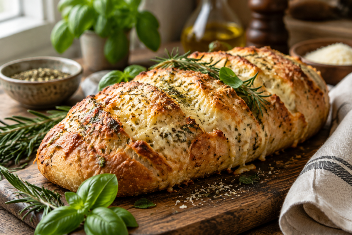 Freshly baked cheesy italian herb bread with golden crust and herbs on wooden board