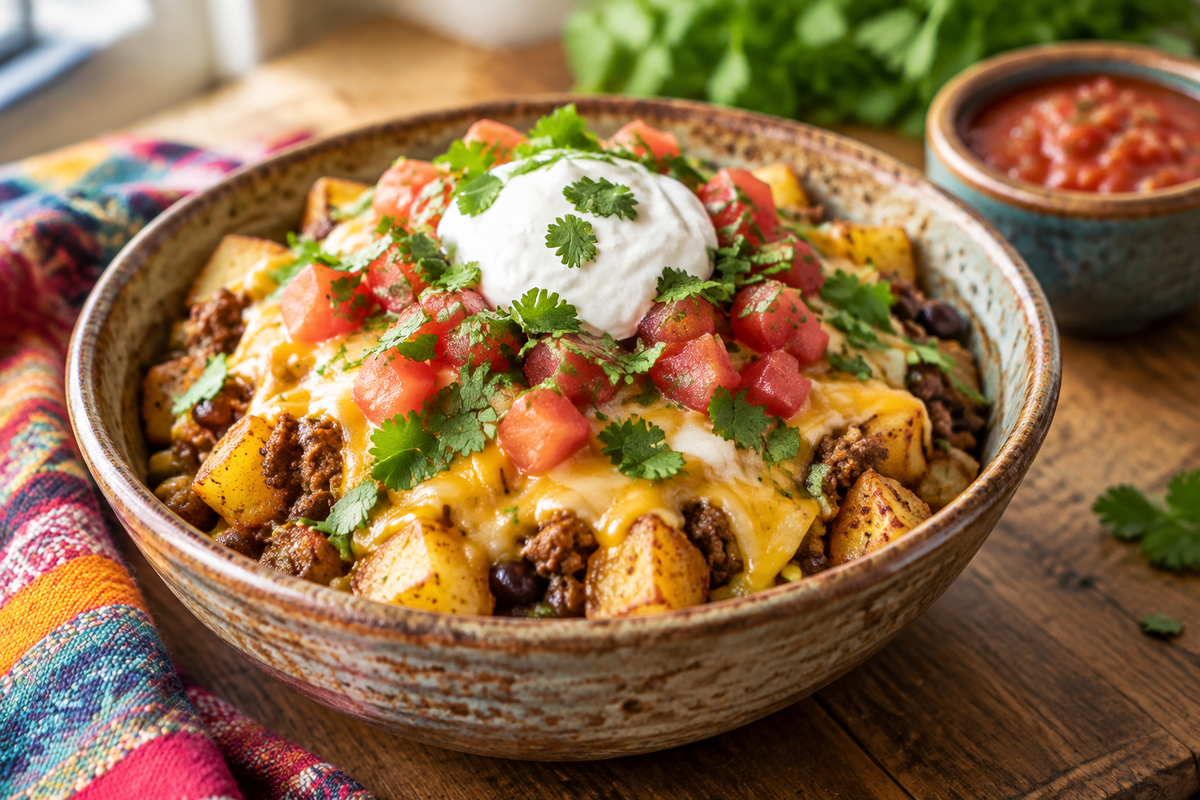 Cheesy loaded potato taco bowl topped with melted cheese and fresh garnishes, showcasing cheesy loaded potato taco bowl
