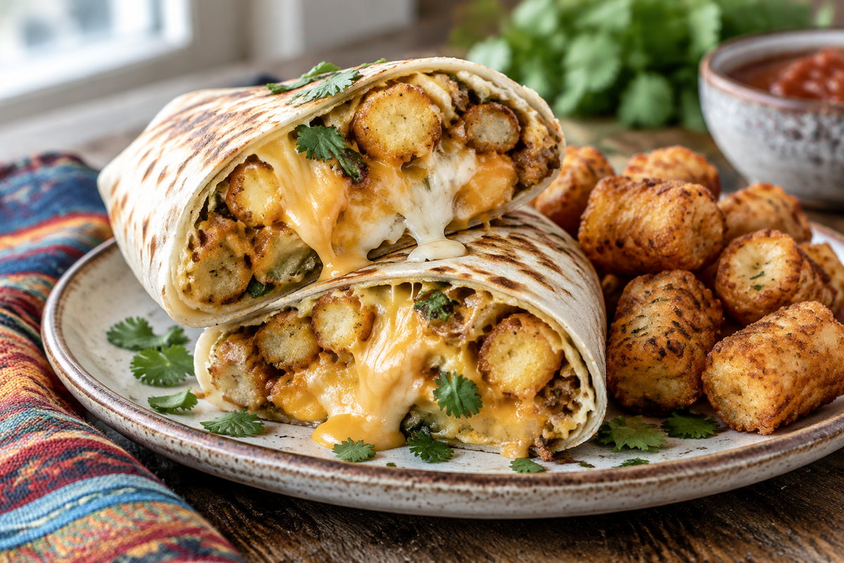 Cheesy potato burritos with crispy tater tots on rustic wooden table
