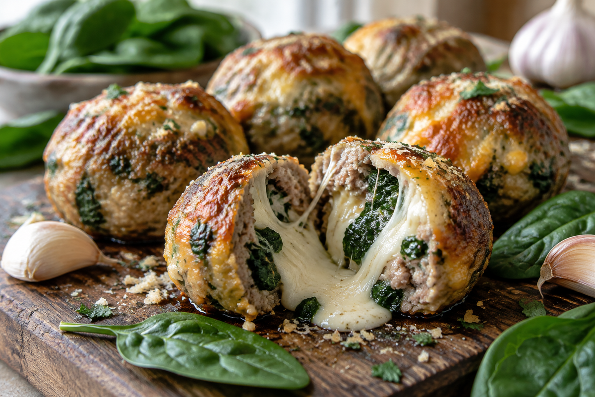 Cheesy spinach meatballs stuffed with melted mozzarella, garnished with fresh spinach and garlic