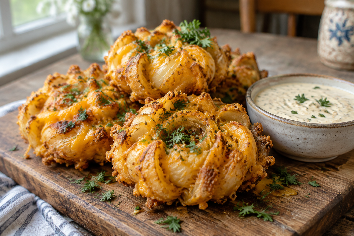 Golden baked cheesy Tennessee onions stacked with parsley garnish and dipping sauce