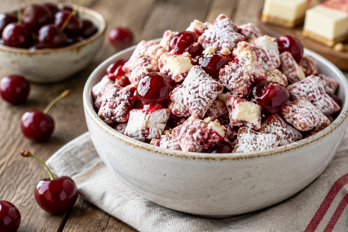 Cherry cheesecake puppy chow in a white bowl with cherry pieces and powdered sugar, showcasing the cherry cheesecake puppy chow snack mix
