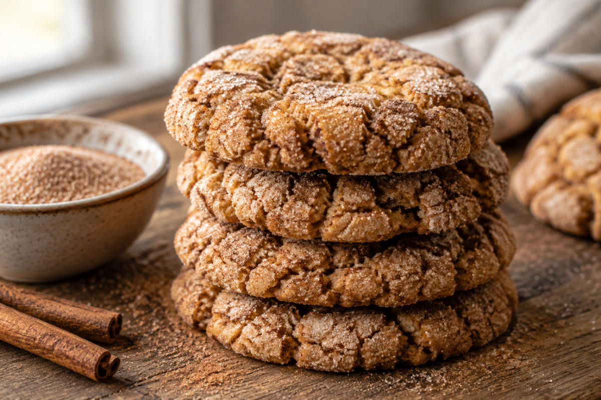 Chewy churro crinkle cookies stacked with cinnamon sugar coating