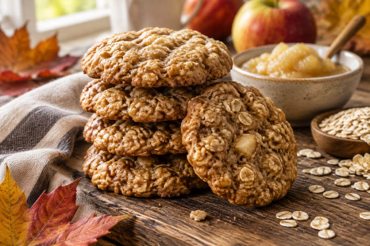 Chewy low sugar applesauce oatmeal cookies stacked on wooden surface with applesauce and oats