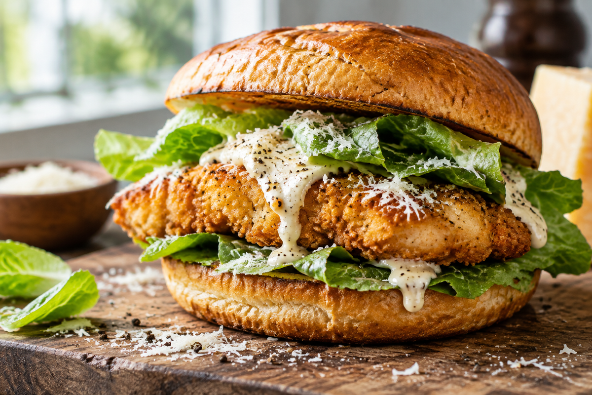 Close-up of a crispy chicken caesar sandwich with fresh romaine and creamy dressing on toasted bun