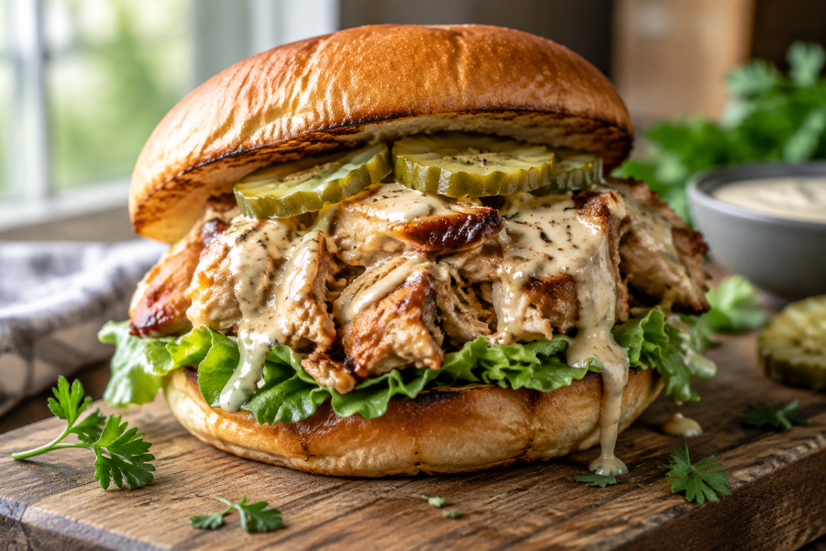 Chicken chopped sandwich with Alabama BBQ sauce on toasted bun with lettuce and pickles