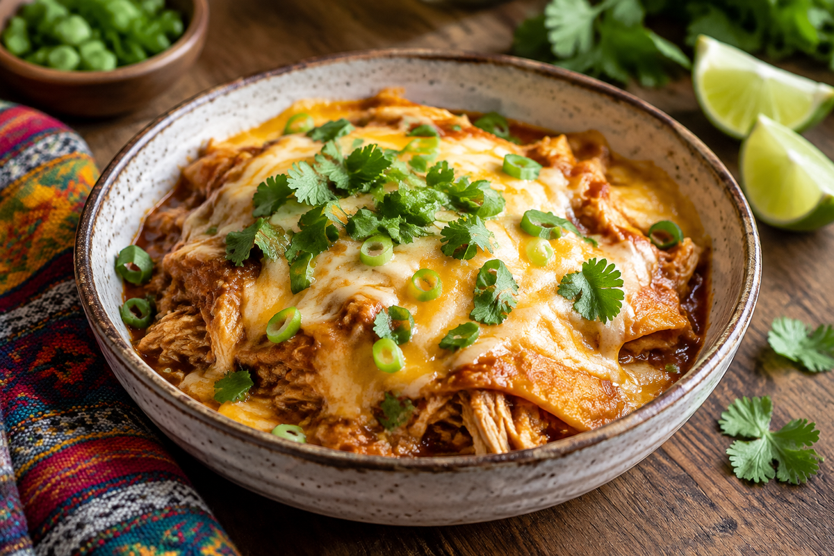 Chicken enchilada crock pot meal served in a bowl with fresh cilantro and melted cheese, easy Mexican dinner
