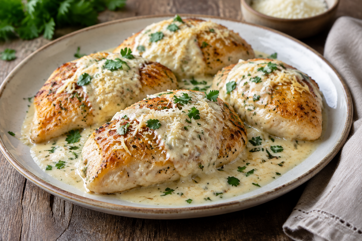 Golden chicken pillows covered in creamy Parmesan sauce garnished with fresh parsley