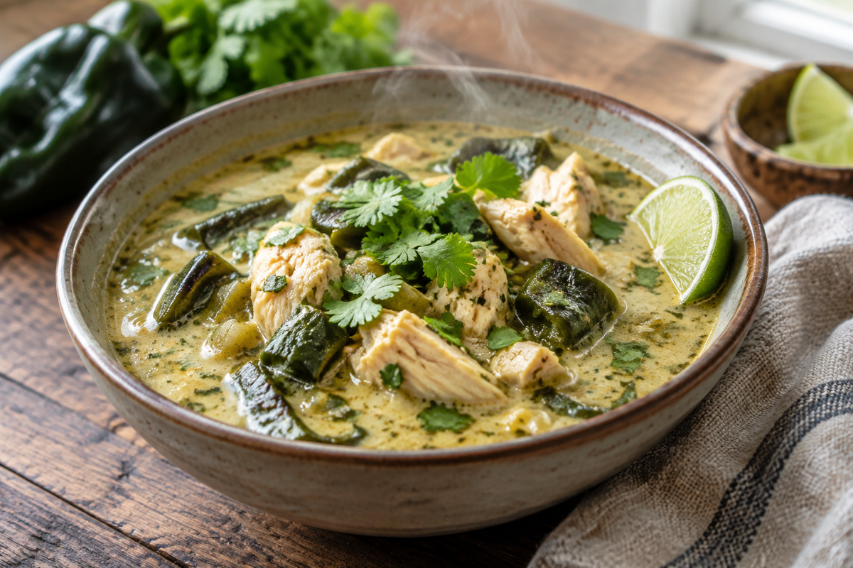 Bowl of chicken poblano soup with chicken chunks and poblano peppers in creamy broth garnished with cilantro and lime wedge