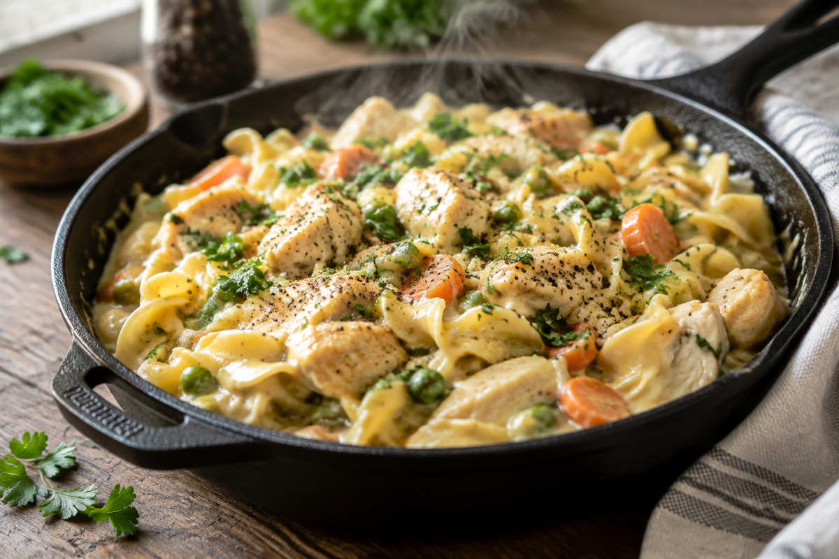 Creamy chicken pot pie noodle skillet garnished with parsley and pepper in a rustic skillet
