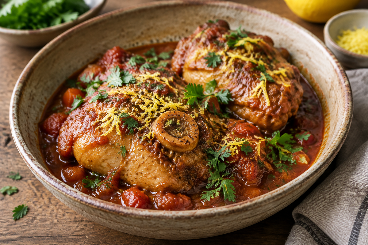 Hearty chicken thigh osso bucco in a rustic bowl garnished with parsley and lemon zest