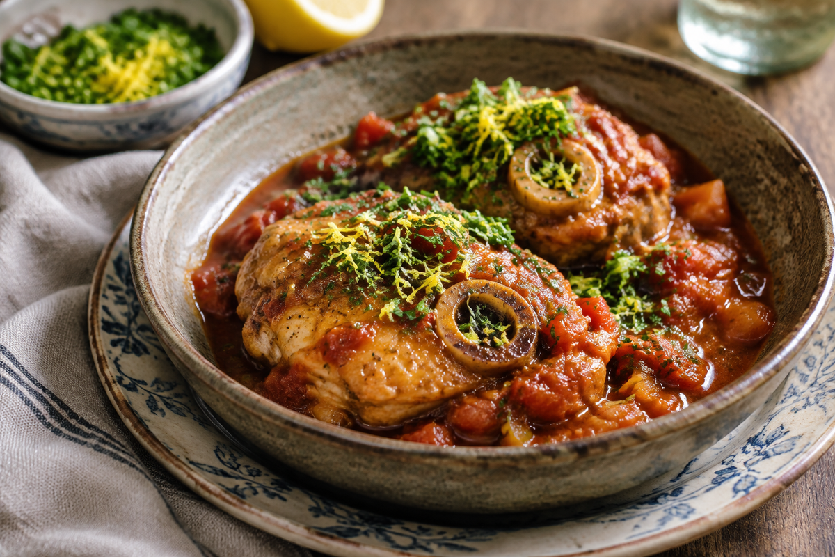 Close-up of chicken thigh osso bucco in rich tomato sauce garnished with gremolata