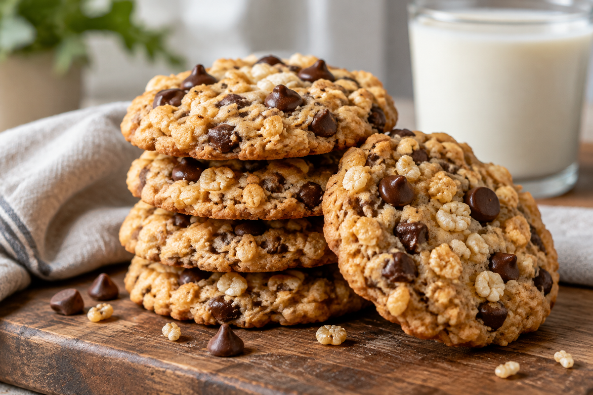 Stack of chocolate chip rice krispie cookies showing crunchy texture and chocolate chips