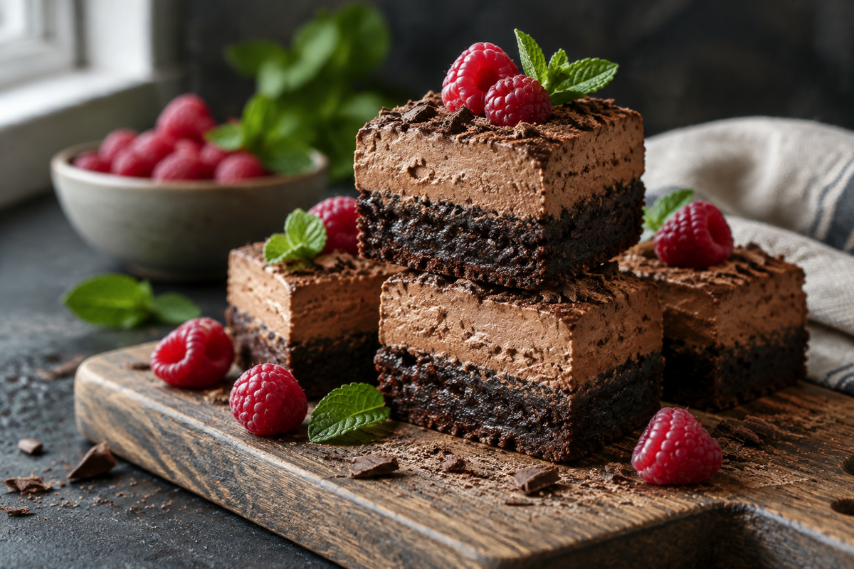Chocolate mousse brownies with creamy layers and decadent flavor on rustic board