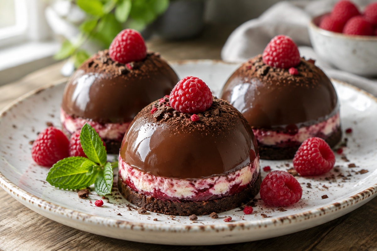Chocolate raspberry cheesecake domes garnished with fresh raspberries and mint on white plate