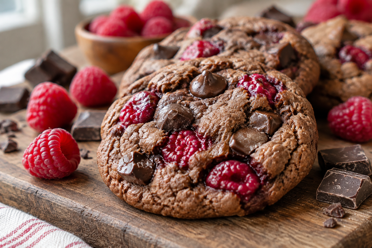 Chocolate raspberry cookies with rich chocolate chips and fresh raspberry pieces on rustic board