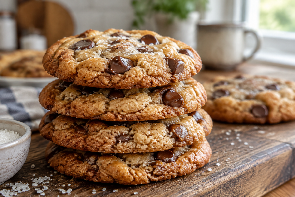 Chocolate sugar cookies with browned butter blondie texture stacked on wooden board with sugar dusting