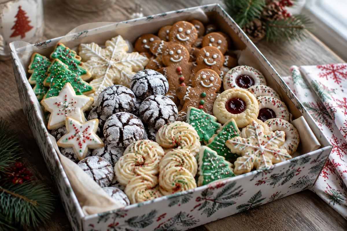 Christmas cookie box with 12 delicious recipes beautifully arranged for gifting