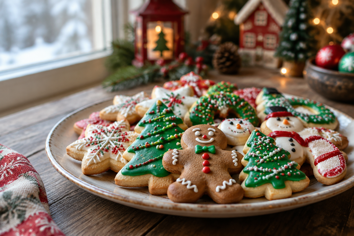 Freshly baked Christmas cookies with colorful sprinkles and icing on a rustic table