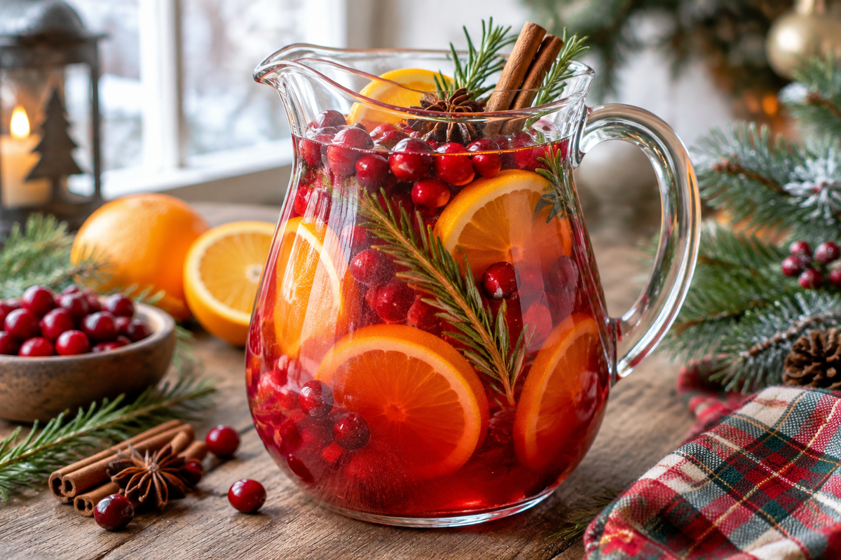 Christmas morning punch in a pitcher with cranberries, orange slices, and rosemary garnish