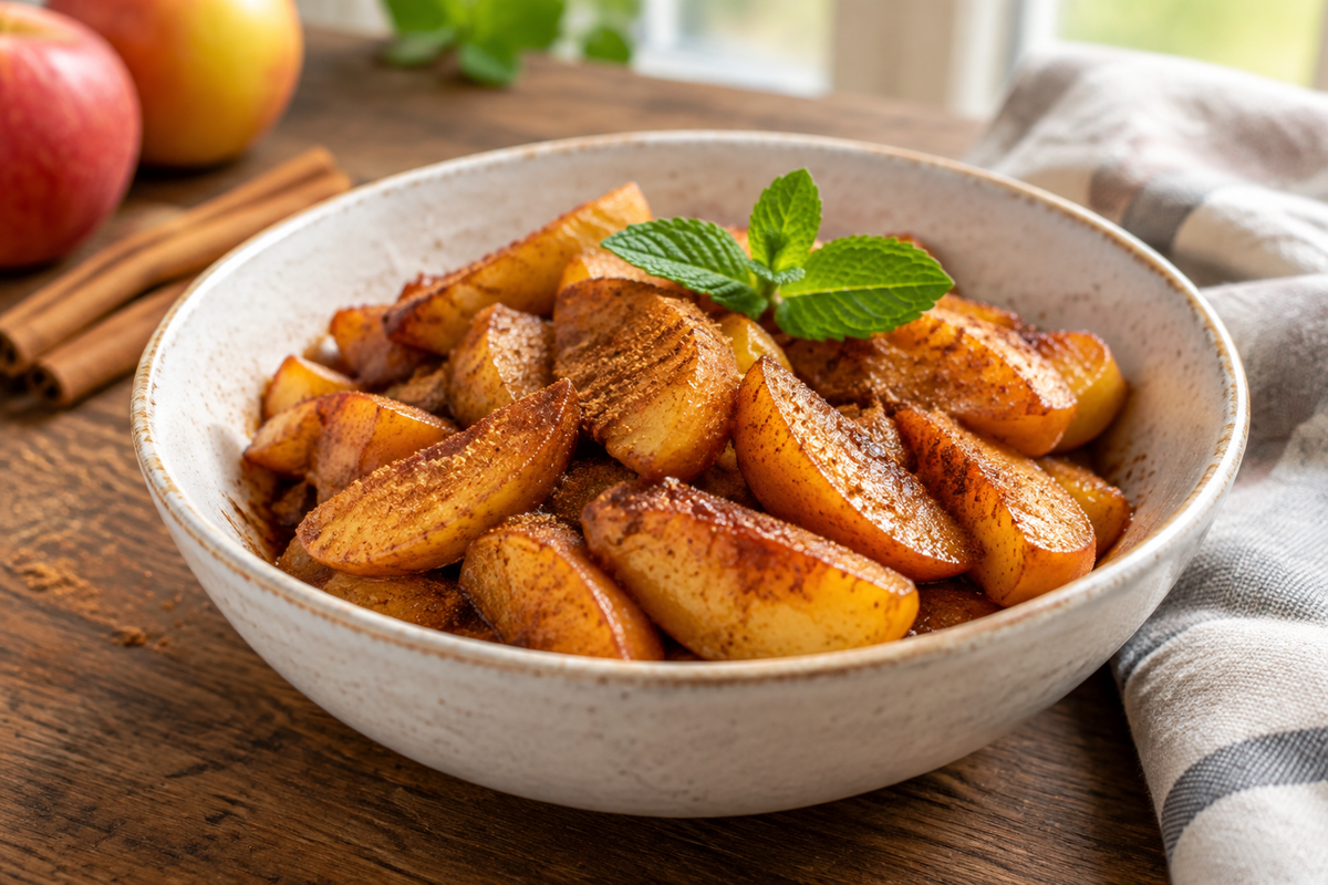 Cinnamon air fryer apples in a white bowl garnished with mint, a clean eating post-workout snack