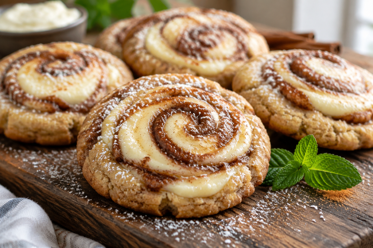 Soft cinnamon roll cheesecake cookies with creamy centers and cinnamon swirls on rustic board