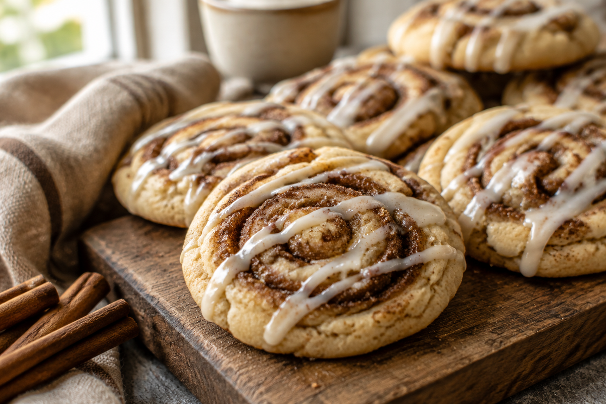 Soft and chewy cinnamon roll cookies with sweet cinnamon sugar swirl and icing
