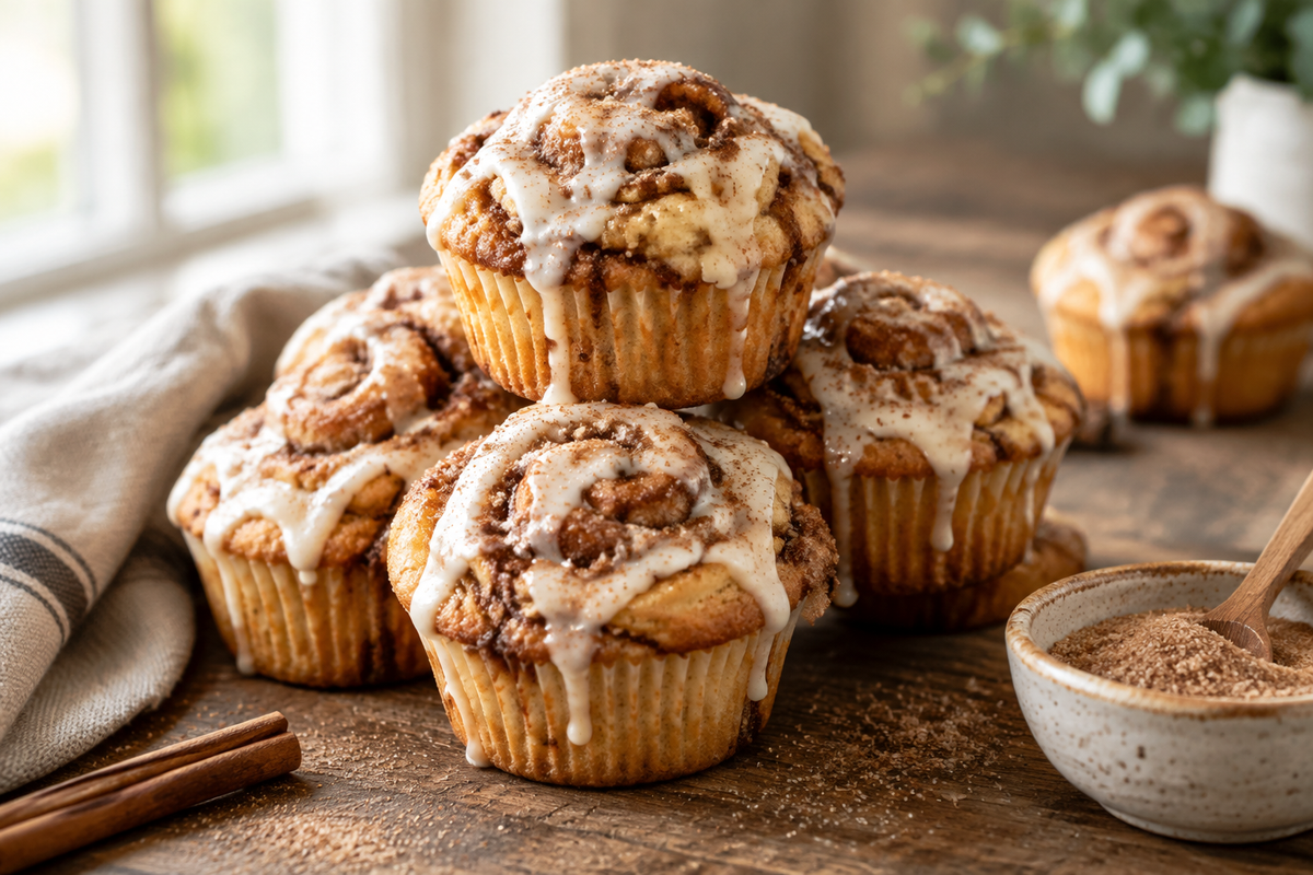 golden cinnamon roll muffins with cream cheese glaze and cinnamon sprinkle, cinnamon roll muffins
