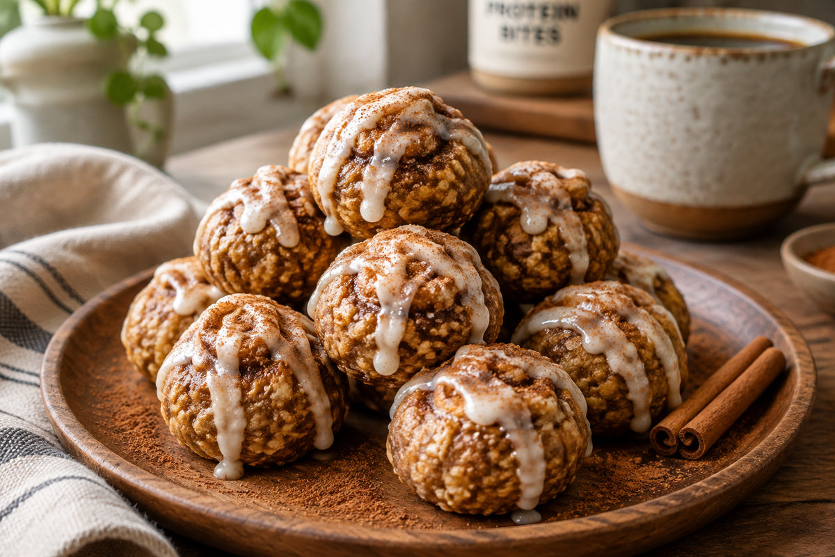 Cinnamon roll protein bites on rustic plate with vanilla glaze and cinnamon sprinkle, high protein sweet breakfast