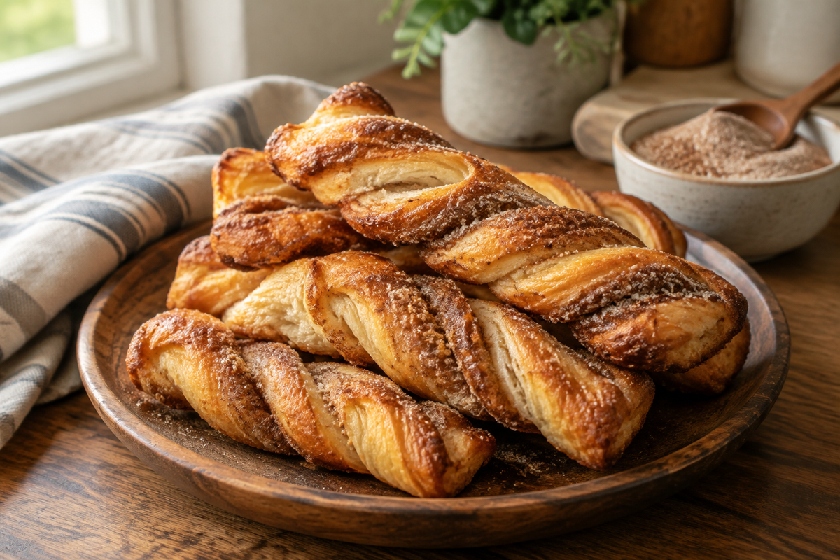 Golden cinnamon sugar twists with flaky pastry and cinnamon sugar coating on a rustic plate