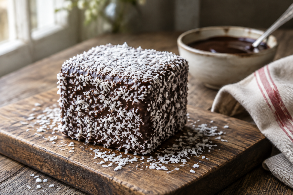 Classic Australian lamington coated in chocolate and shredded coconut on rustic board