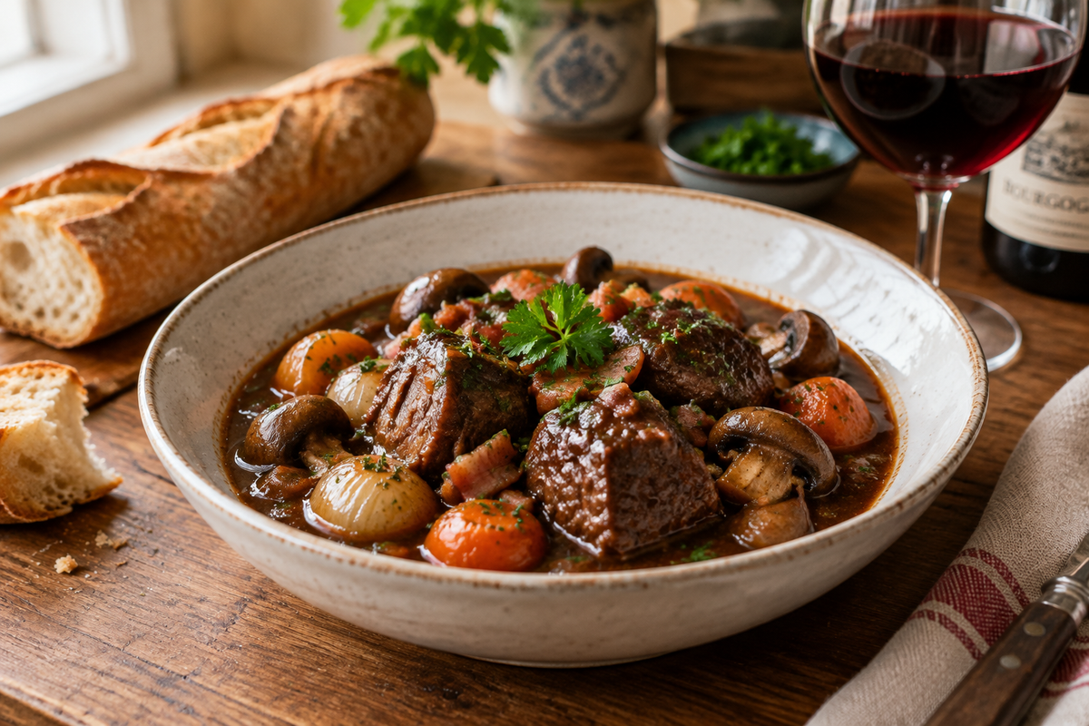 Classic beef bourguignon with rich sauce and fresh parsley garnish on rustic table, beef bourguignon