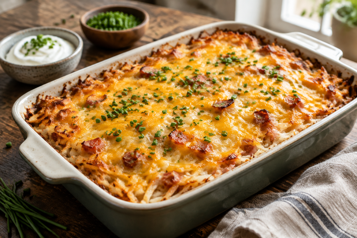 Classic breakfast hashbrown casserole with golden cheese and chives garnish