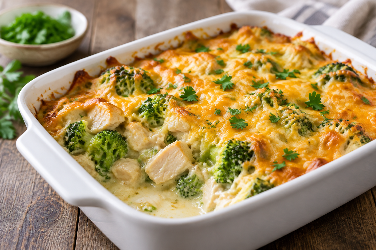Creamy broccoli chicken divan casserole topped with melted cheese and fresh parsley