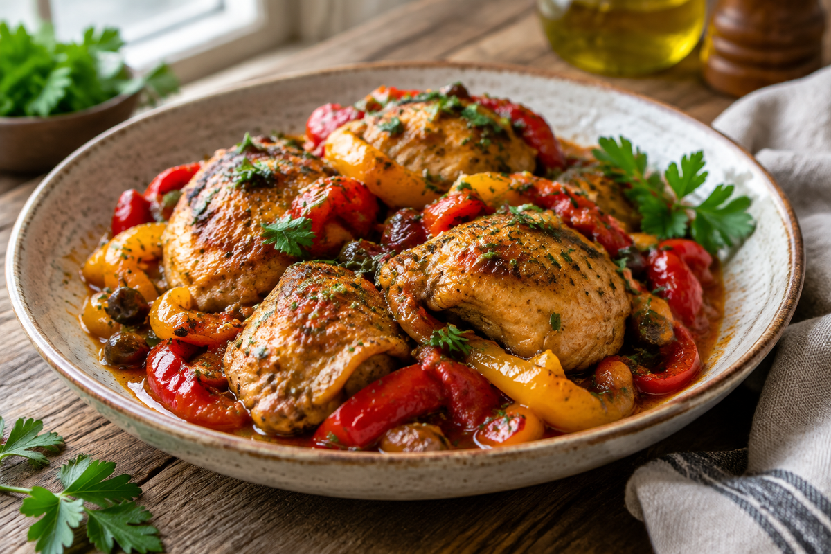 Plate of chicken scarpariello with golden chicken, roasted peppers, herbs, and tangy sauce