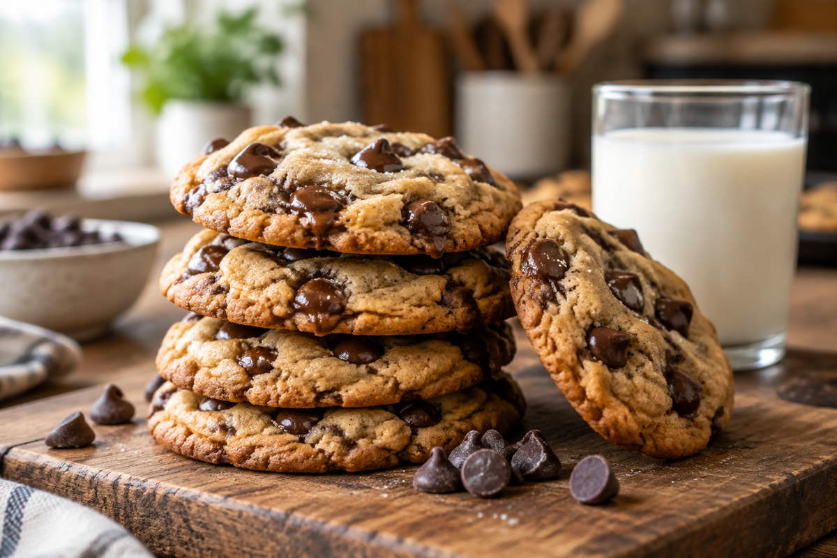 Freshly baked soft chocolate chip cookies stacked with gooey chocolate chips visible