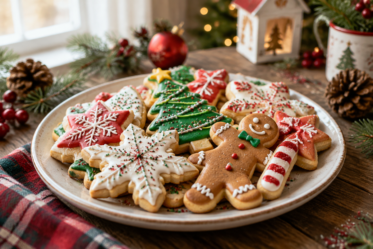 Plate of classic christmas cookies decorated with colorful icing and sprinkles on rustic surface