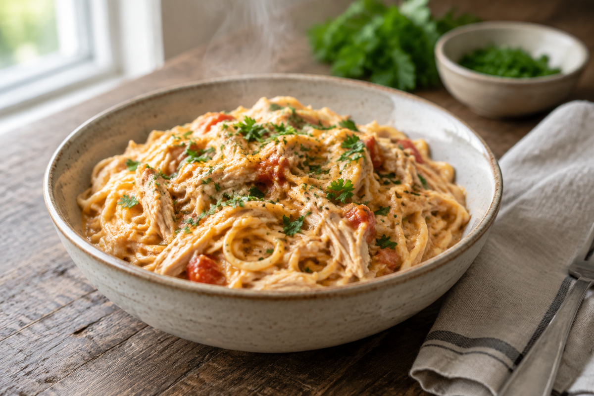 Classic crockpot chicken spaghetti in a bowl garnished with parsley, creamy and cheesy comfort food