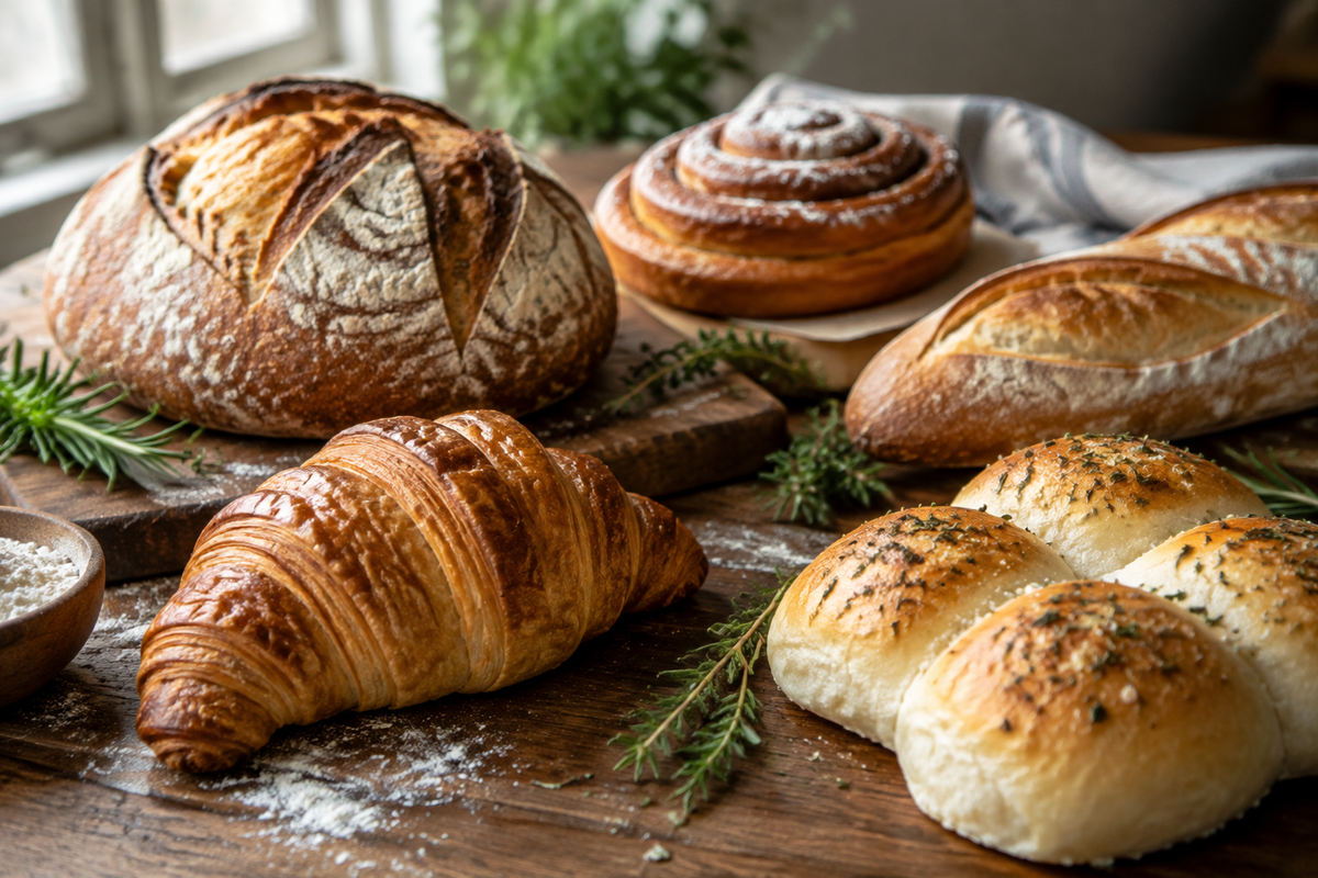 Five baked goods made from classic dough recipes arranged on a wooden table with natural lighting