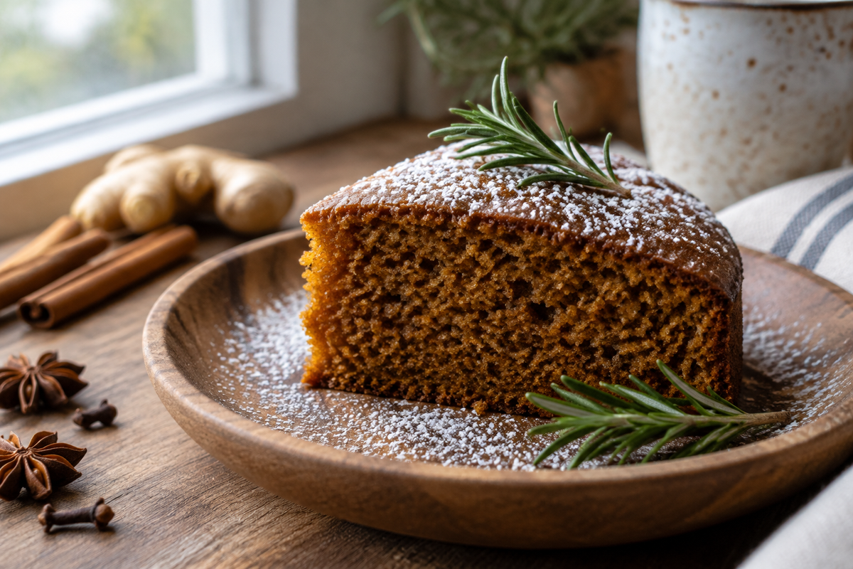 Slice of classic fluffy gingerbread showing moist texture and warm spices with powdered sugar garnish