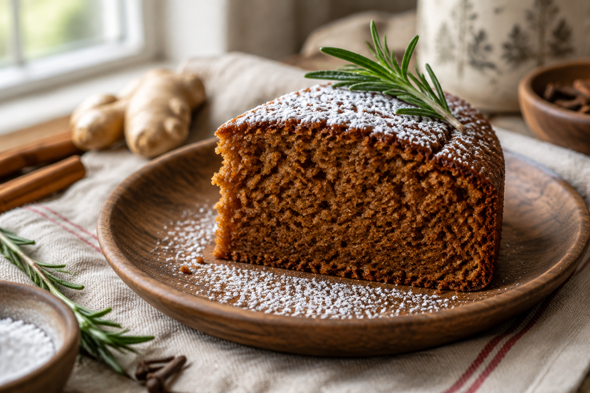 slice of classic fluffy gingerbread cake showing moist texture and warm spices