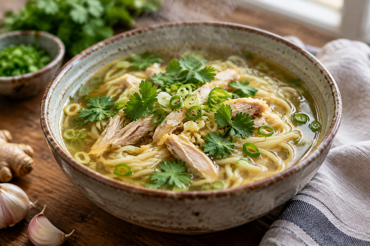 Classic ginger garlic chicken noodle soup garnished with fresh herbs in a rustic bowl