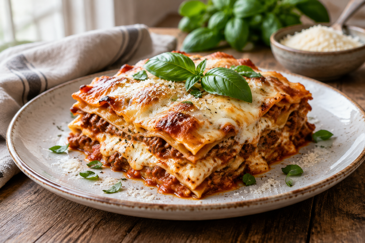Classic lasagna recipe slice with melted cheese and basil garnish on rustic table