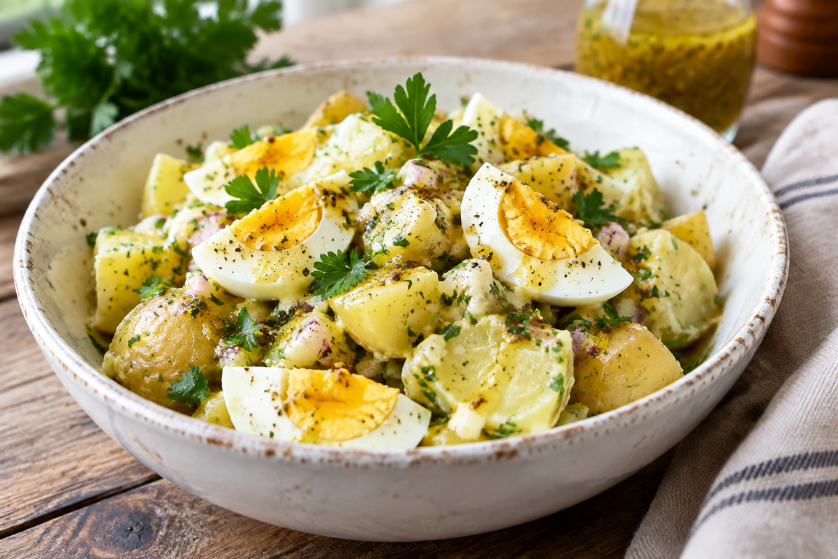 Salade de pommes de terre aux œufs et vinaigrette with fresh herbs and tangy dressing