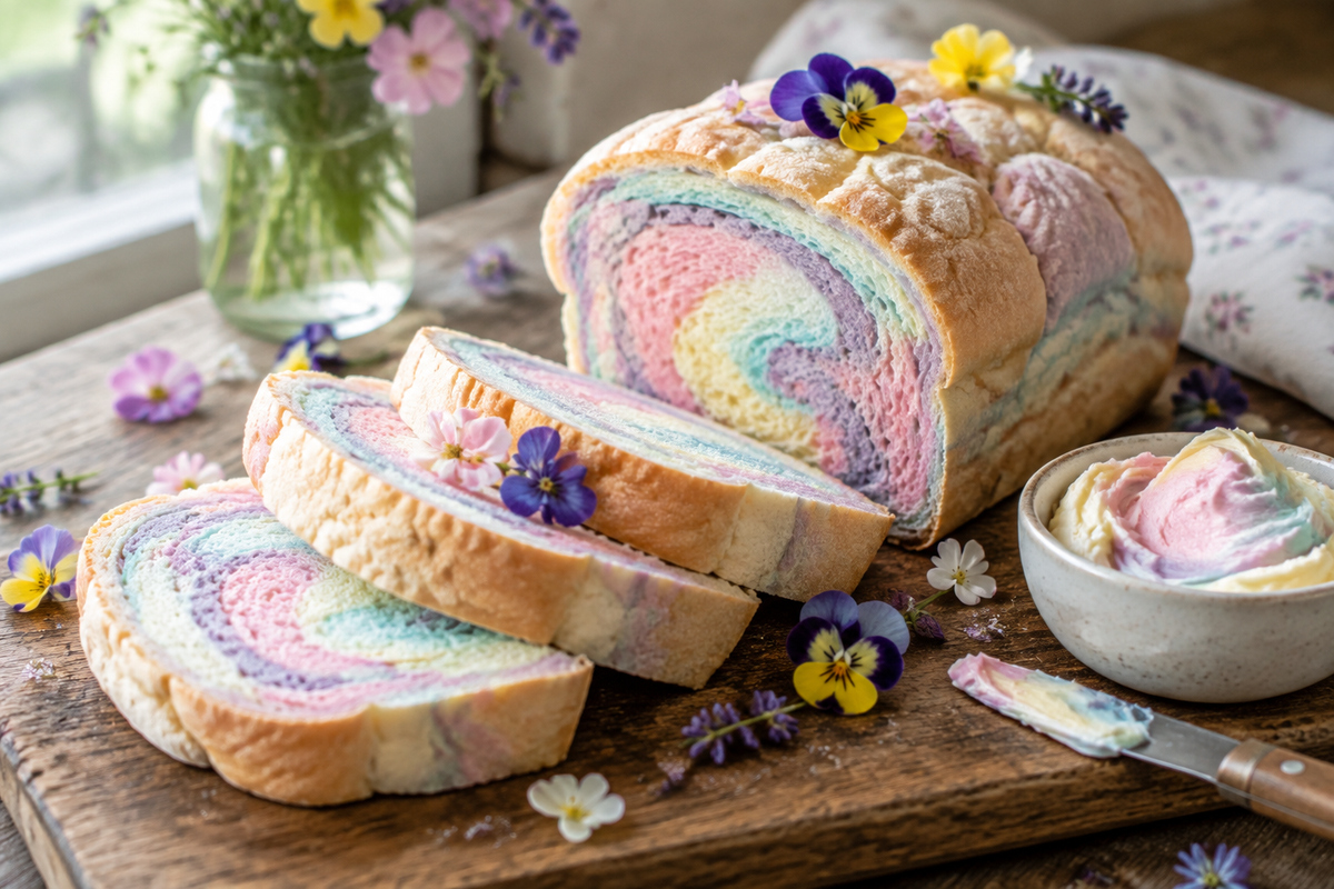 Pastel swirl loaf of cloud bread recipe with light fluffy texture and colorful swirls