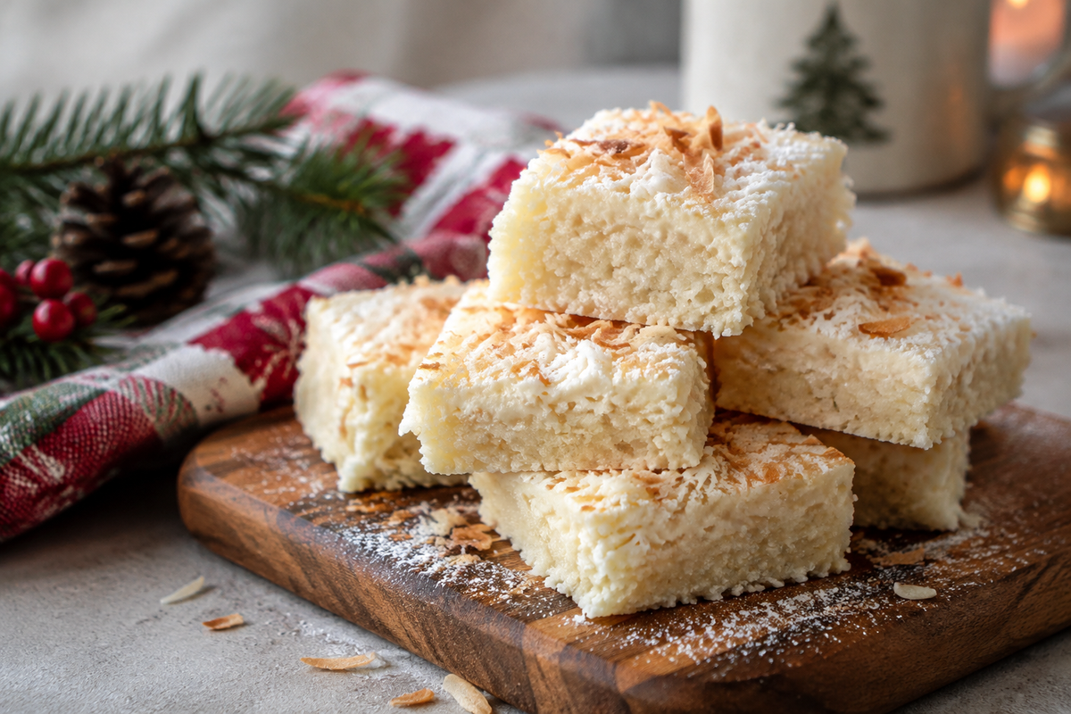 Close-up of coconut rum snow squares holiday bars with toasted coconut garnish and powdered sugar