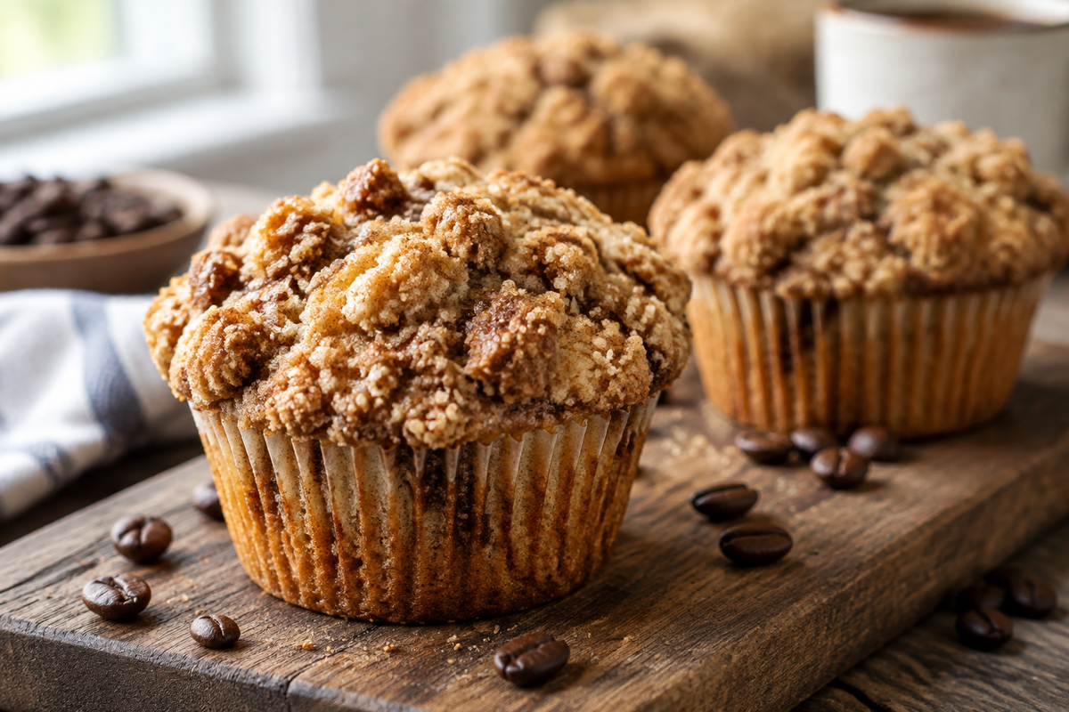 Coffee cake muffins with crumble magic topping on rustic wooden board, coffee cake muffins